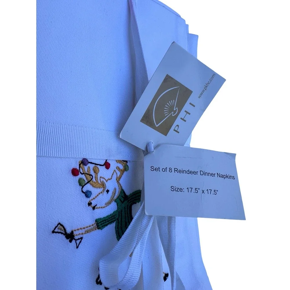 PHI Set of 8 Embroidered Reindeer Dinner White Napkins 100% Cotton Christmas NWT